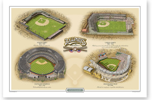 All four Cleveland ballparks in one 9x13 print.