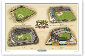 All four Detroit ballparks in one archival 13 x 19 print.