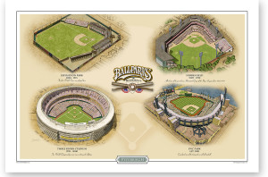 All four major Pittsburgh ballparks in one 13 x 19 print.