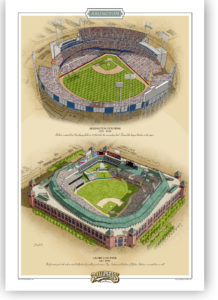 13x19 archival print featuring Arlington Stadium and Globe Life Park.